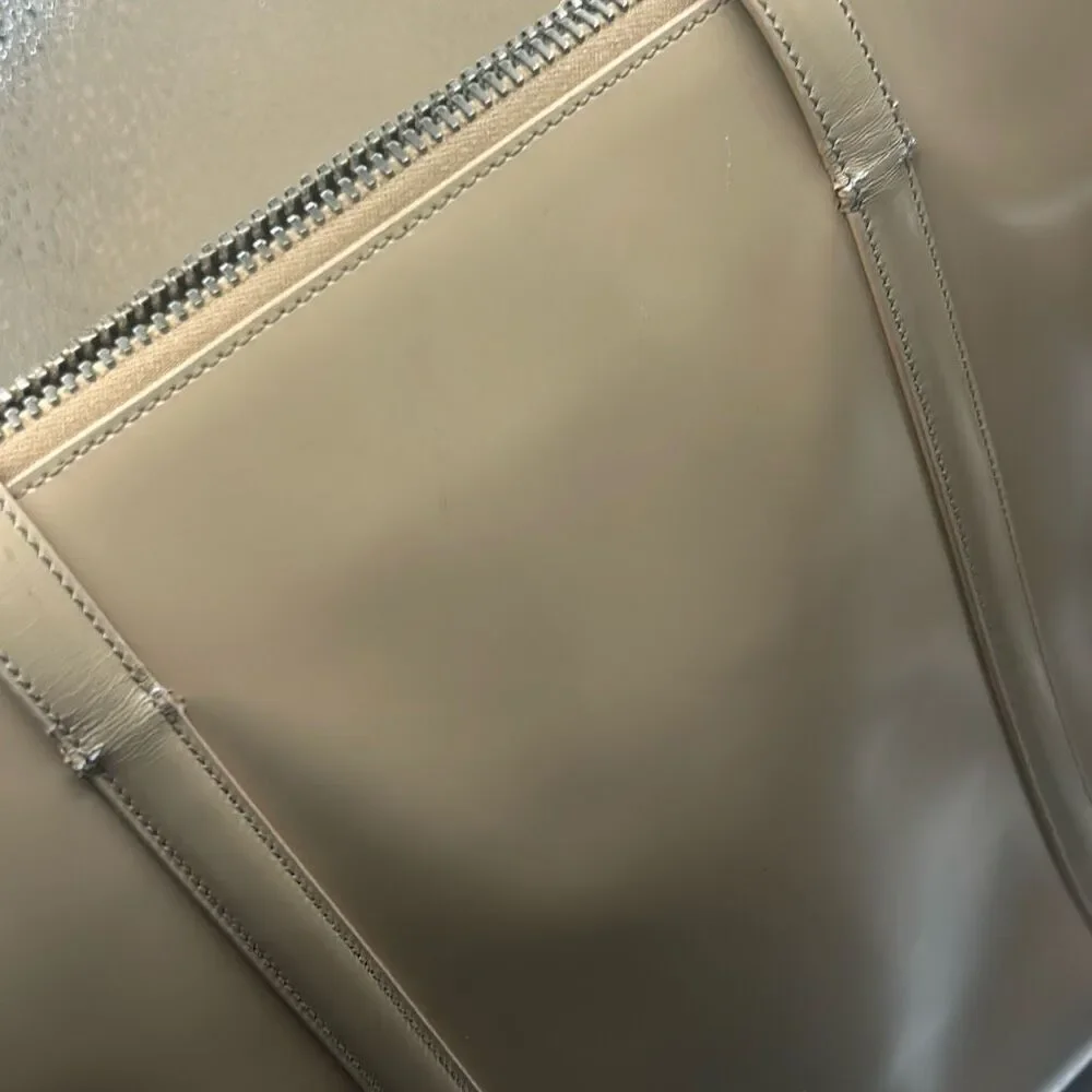 Prada Zip Tope Tote Bag Large Beige Glossy Leather Luxury Summer Coastal Italian